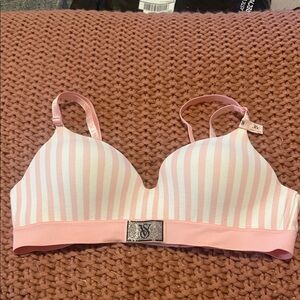Victoria's Secret Pink & White Striped Wireless T-Shirt Bra with Logo Charm